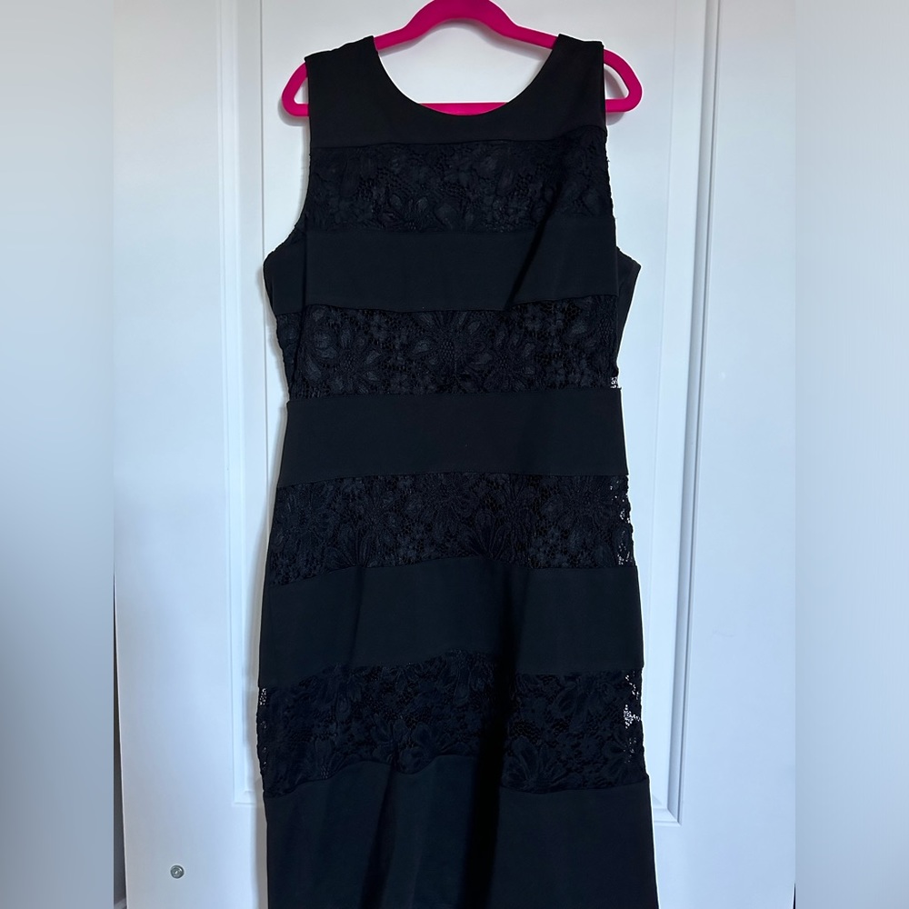 Calvin Klein black floral lace striped sheath LBD